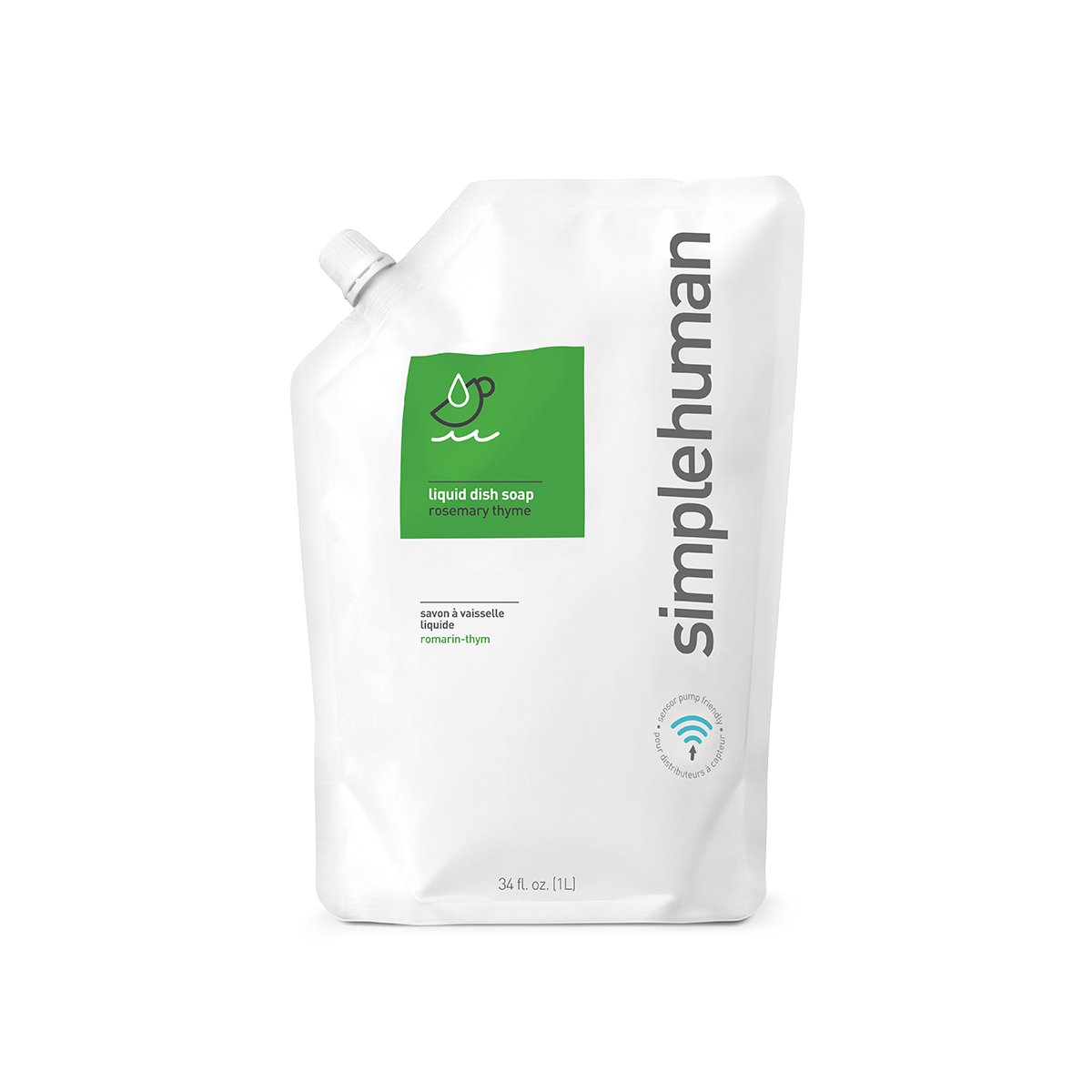 Front view of single Simplehuman Rosemary Thyme Liquid Dish Soap Refill Pouch, 34 fl. oz., sensor pump compatible.