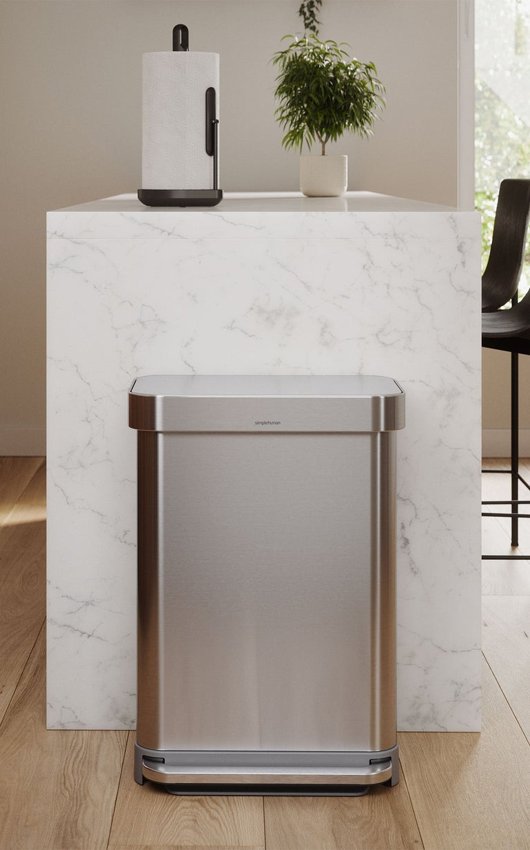 Simplehuman's 45L Step Can in a modern kitchen setting. 