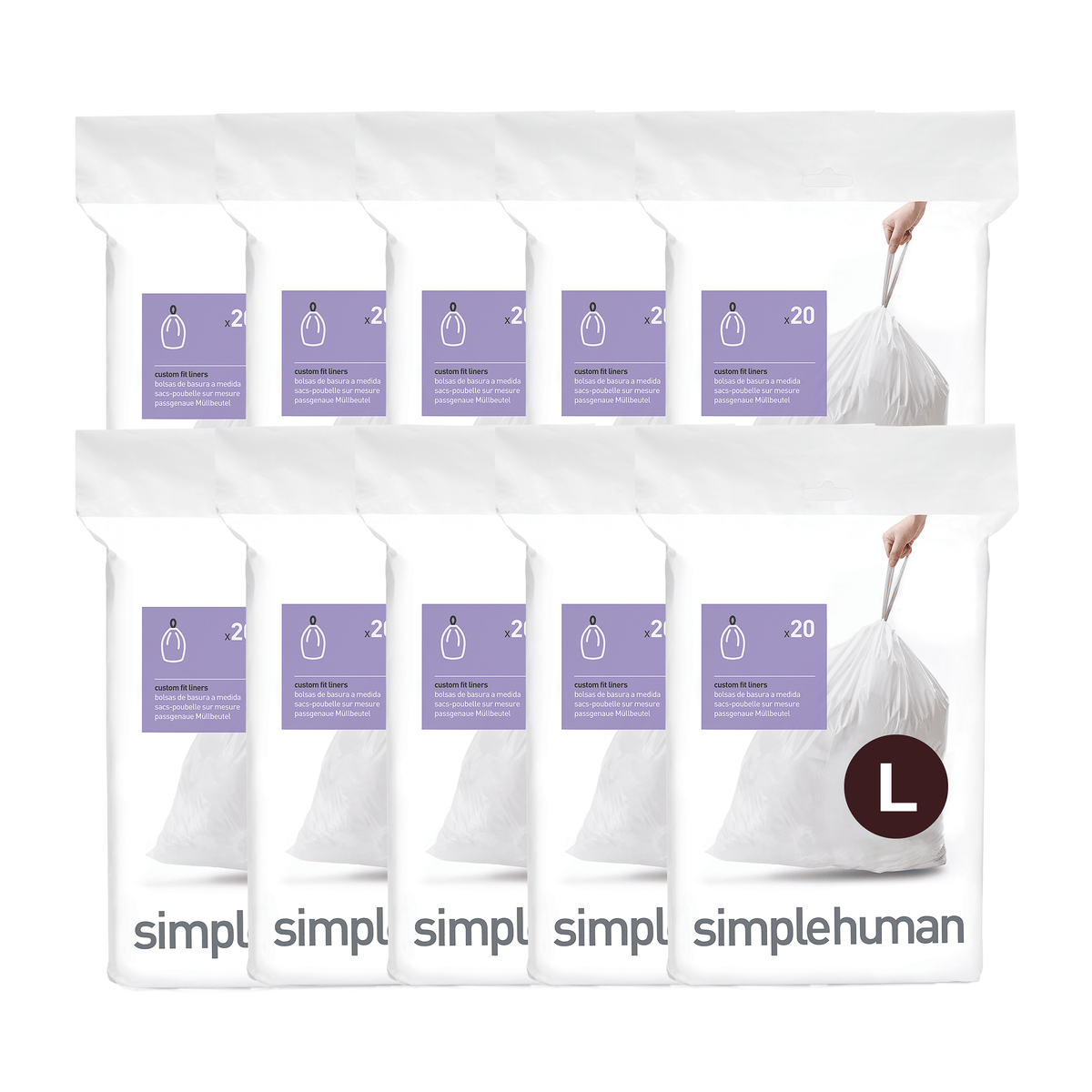 Simplehuman Code L Custom Fit Liners, white 10-pack bundle showing secure drawstring closure.