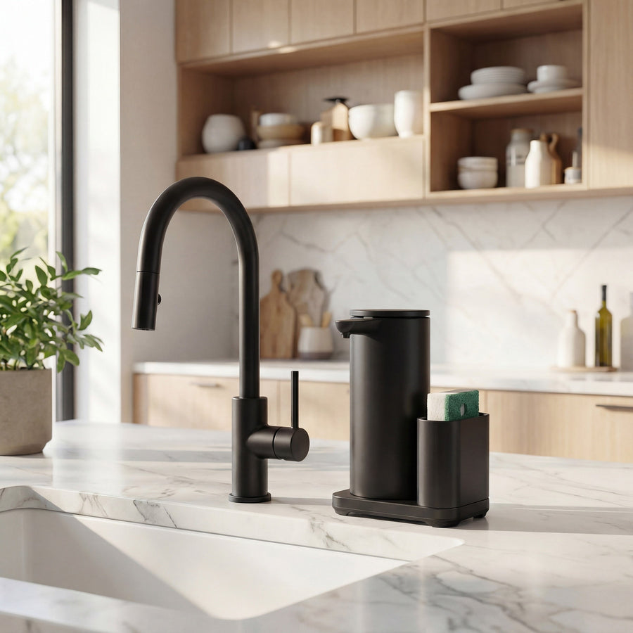 Simplehuman's 14 oz. Sensor Pump with Caddy in a modern, simple kitchen setting with marble countertops and wooden cabinets.
