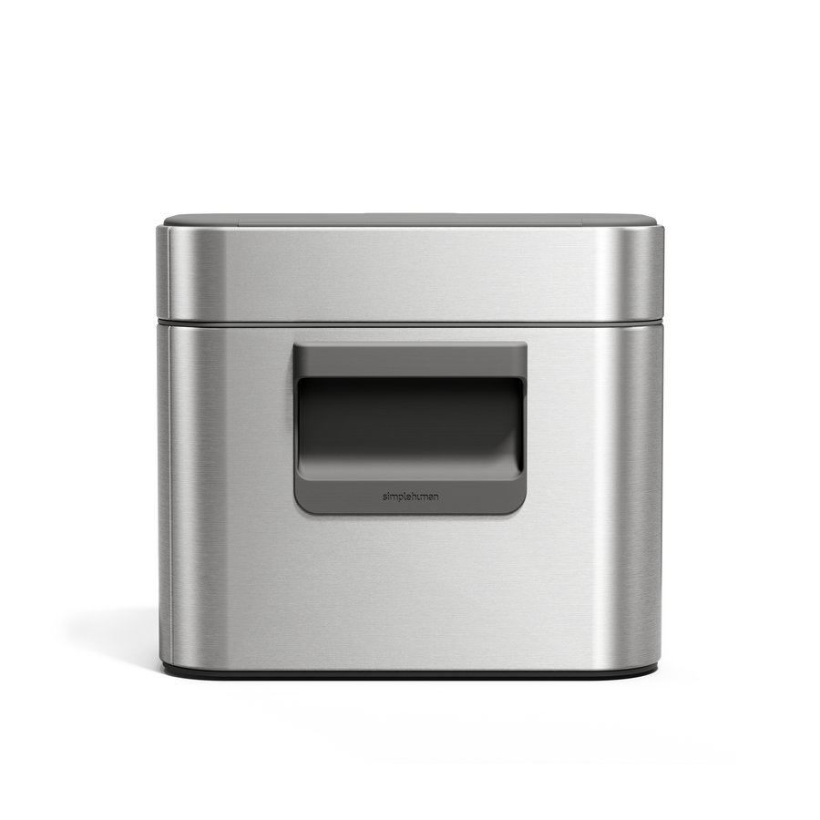 Simplehuman Brushed Stainless Steel Compost Caddy, front view highlighting the magnetic latch handle for airtight seal.