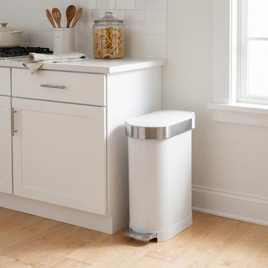 Simplehuman's Slim Step Can in white in a simple, modern kitchen setting.