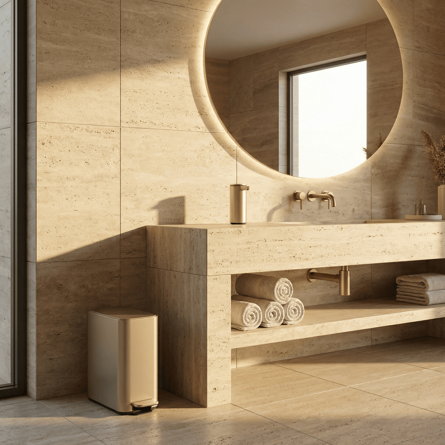 Simplehuman's 5L Slim Step Can in Matte Gold in a modern, simple bathroom setting with the Simplehuman Matte Gold Sensor Pump on the countertop and warm lighting.