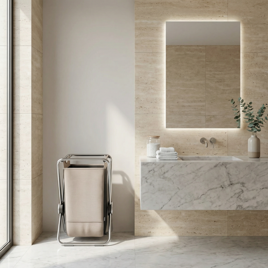Simplehuman's Single X-Frame Hamper in a modern bathroom setting with natural light.