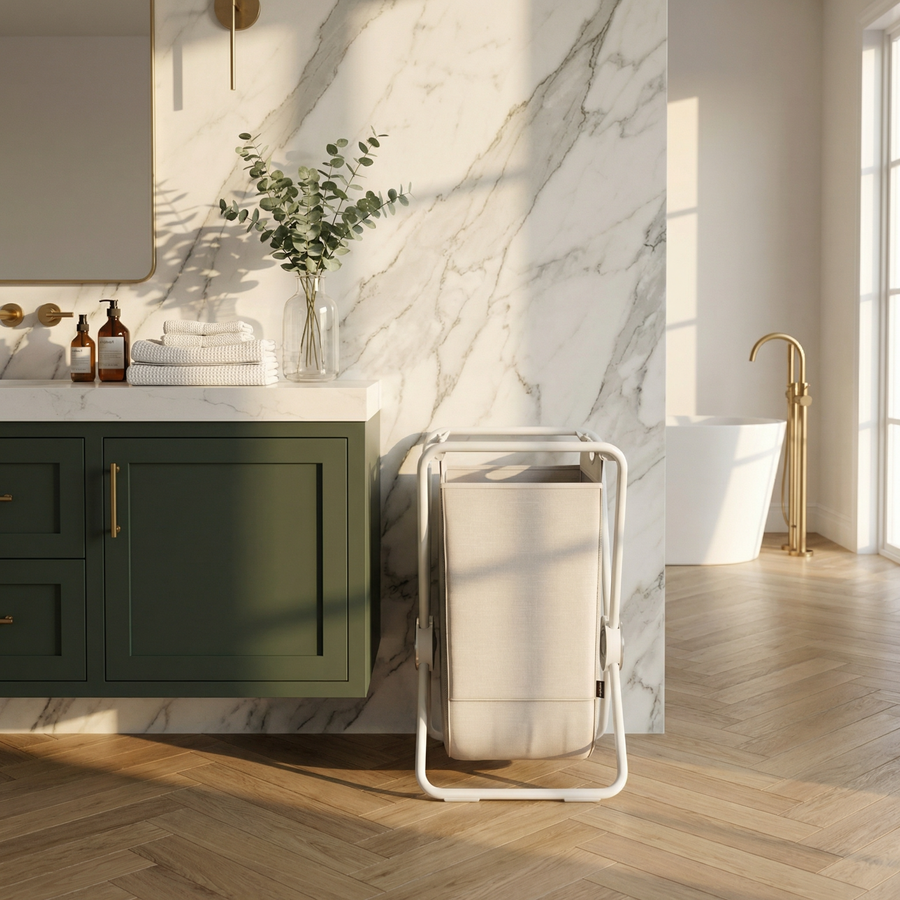 Simplehuman's Single X-Frame Hamper in an east-coast styled bathroom with natural light.