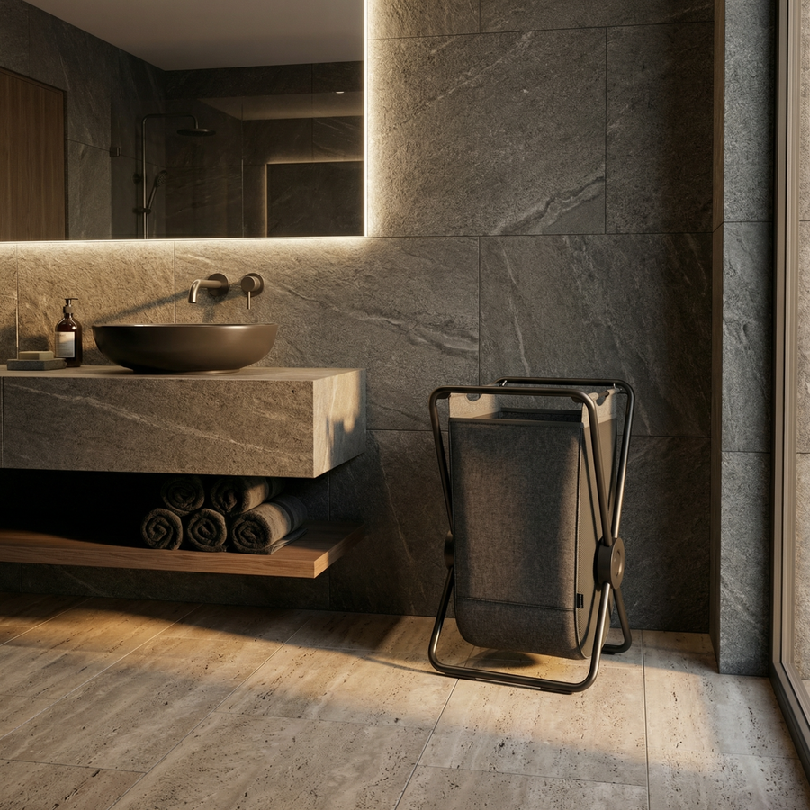 Simplehuman's Single X-Frame Hamper in a modern bathroom setting.