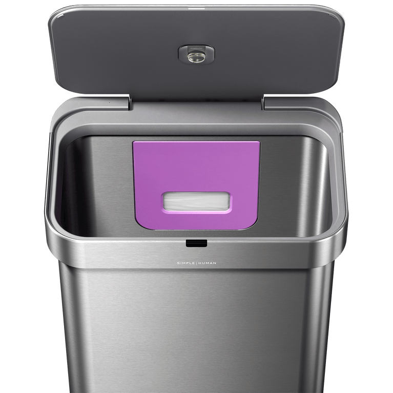 Simplehuman's Sensor Can with lid open showcasing the hidden liner pocket. 