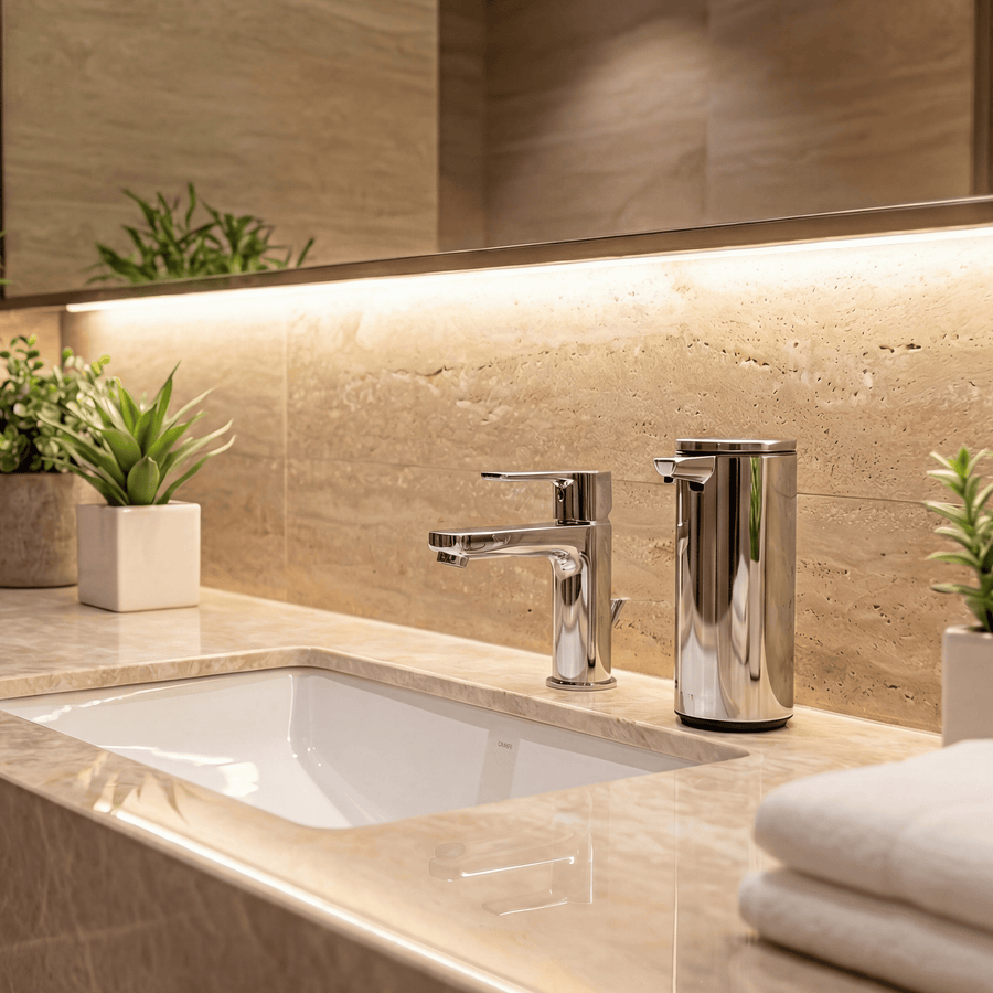 Simplehuman's 9 oz. Liquid Sensor Pump in Polished in a modern bathroom setting with marble countertop and polished appliances. 