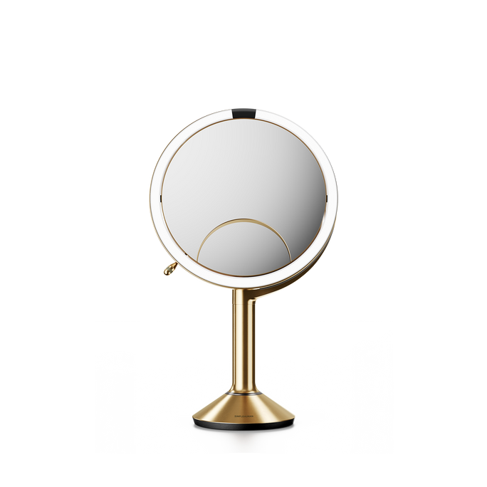 Simplehuman's Sensor Mirror Trio in Brass, front view. 