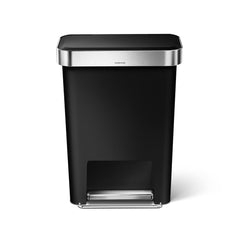 45L plastic rectangular pedal bin with liner pocket - black - front view image