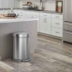 60L semi-round pedal bin with liner rim - brushed stainless steel - lifestyle end of kitchen island